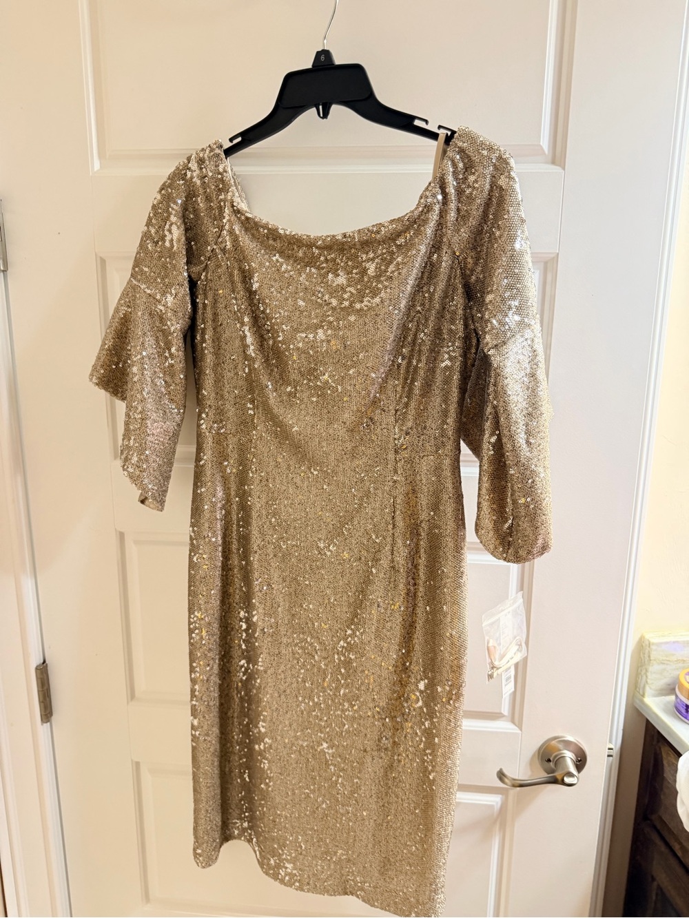 ANTONIO MELANI Gold Sequin Midi Dress with Elbow Sleeves
